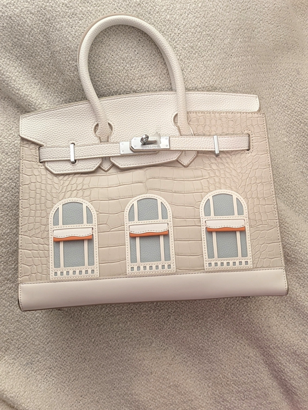 Beige Croc-Embossed Tote